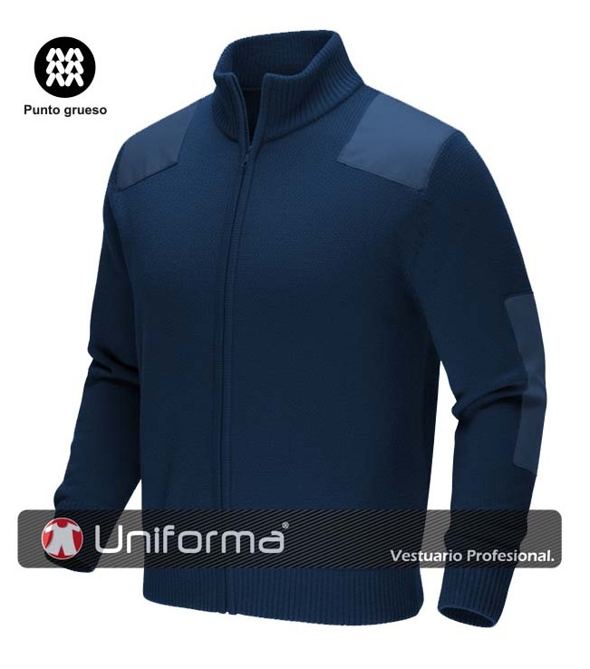 Jersey de color Marino de cremallera completa, cuello alto, en tejido grueso de punto, con refuerzos de tejido en hombros y codos, personalizable con logo de empresa en Uniforma - TS4500