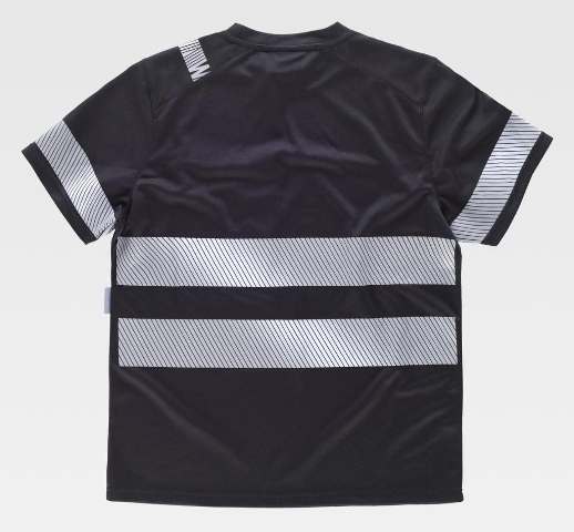 Camiseta Técnica Negra con Bandas Reflectantes segmentadas en pecho, espalda y mangas, personalizable con logo de empresa en uniforma - TC9243