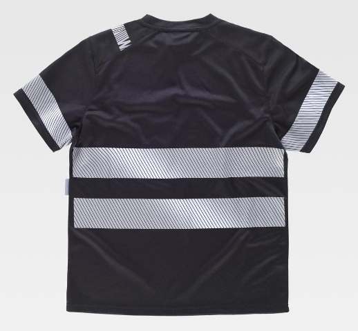 Camiseta Técnica Negra con Bandas Reflectantes segmentadas en pecho, espalda y mangas, personalizable con logo de empresa en uniforma - TC9243