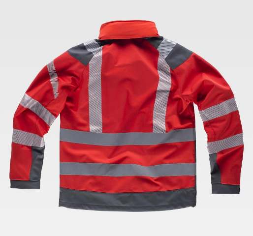 Chaqueta de trabajo tipo Softshell de color rojo Reflectante con bandas reflectantes de alta visibilidad de tipo segmentada con capucha, corta vientos e impermeable, personalizable con logo de empresa en uniforma  - TS9212