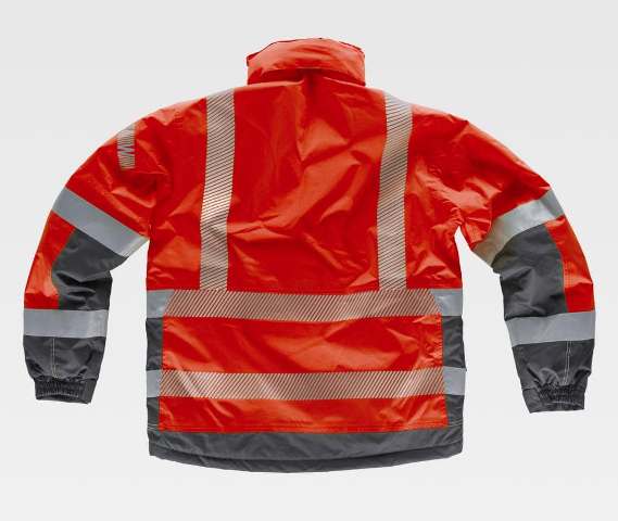Parka de trabajo de alta visibilidad roja Acolchada Roja con bandas Reflectante segmentadas de diseño bicolor rojo y gris, personalizable con logo de empresa en uniforma -TS9262