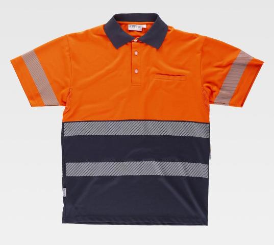 Polo de trabajo reflectante de Alta Visibilidad con Bandas Discontinuas, con cintas reflectantes en torso y mangas, personalizable con logo de empresa en uniforma, de color naranja flúor y marino - TC3890