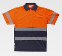 Polo de trabajo reflectante de Alta Visibilidad con Bandas Discontinuas, con cintas reflectantes en torso y mangas, personalizable con logo de empresa en uniforma, de color naranja flúor y marino - TC3890