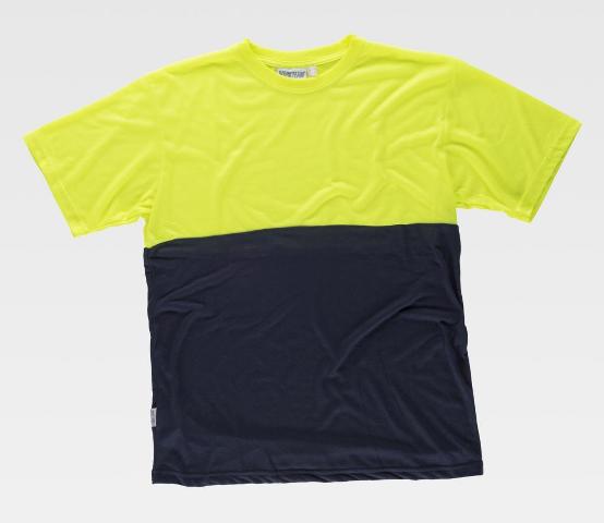 Camiseta Amarilla y Marino de trabajo técnica de 100% Poliéster de fibra cortada con tacto Algodón de diseño bicolor, personalizable con logo y bandas reflectantes en uniforma - TC6020