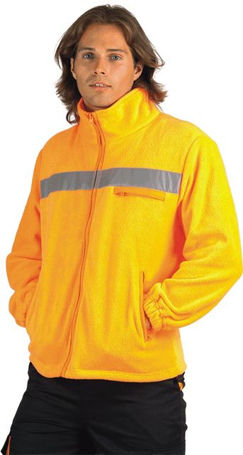 Chaqueta Forro Polar de color naranja flúor reflectante de Alta Visibilidad con banda Reflectante cierre de cremallera central y cuello alto para el frío, personalizable con logo de empresa en uniforma - TC4040