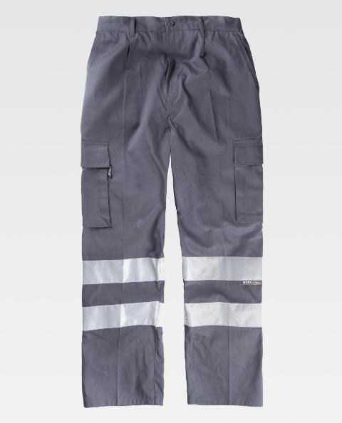 Pantalón de trabajo de color gris de 100% Algodón con Bandas Reflectantes grises de alta visibilidad en las perneras, personalizable con logo de empresa en uniforma - TB1447