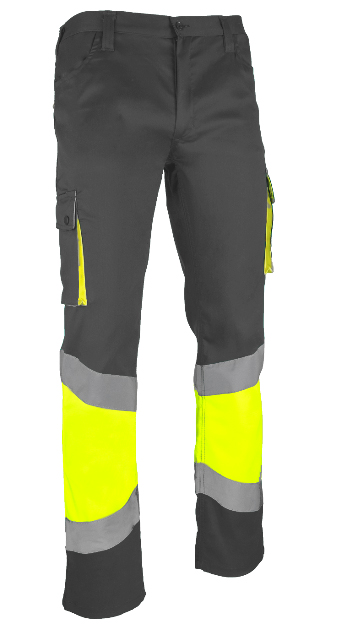 Pantalón de trabajo reflectante de alta visibilidad con amarillo flúor, con bandas reflectantes más anchas, reforzado, resistente, con costura triple y refuerzo de culera, personalizable en Uniforma.  - PR6020
