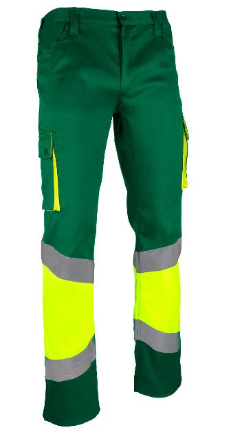 Pantalón de trabajo reflectante de alta visibilidad con amarillo flúor, con bandas reflectantes más anchas, reforzado, resistente, con costura triple y refuerzo de culera, personalizable en Uniforma.  - PR6020