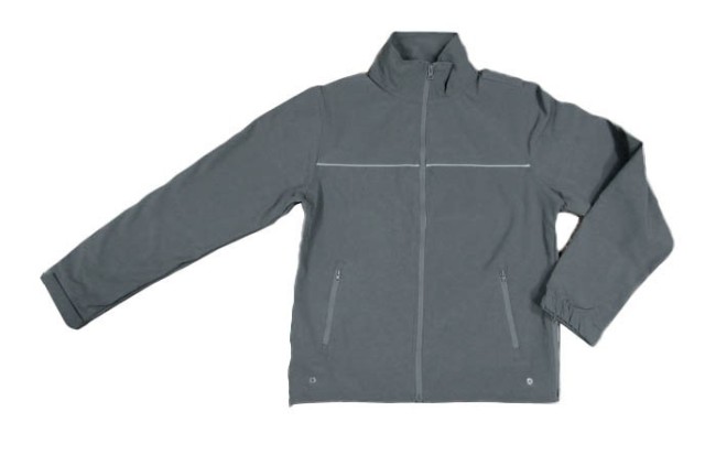 Chaqueta tipo cazadora para vigilantes de seguridad en color gris de tipo softshell corta vientos impermeable, con vivo de color a contraste, personalizable con logo de empresa en uniforma