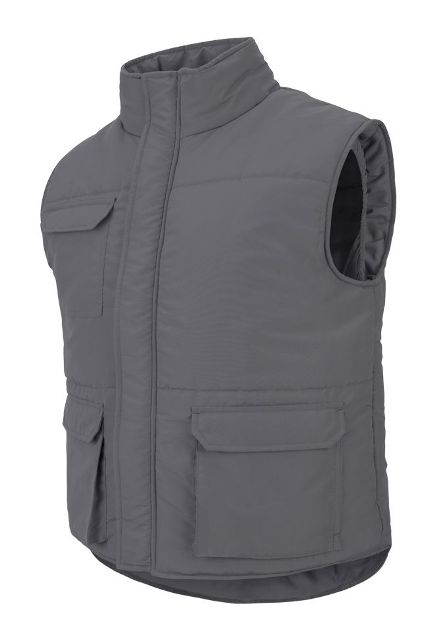Chaleco gris de trabajo Acolchado contra el frío de cuello alto y tejido de microfibra, personalizable con logo de empresa en uniforma  V205901