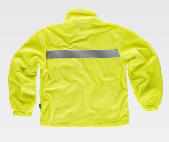 Chaqueta Forro Polar de color amarillo flúor reflectante de Alta Visibilidad con banda Reflectante cierre de cremallera central y cuello alto para el frío, personalizable con logo de empresa en uniforma - TC4040