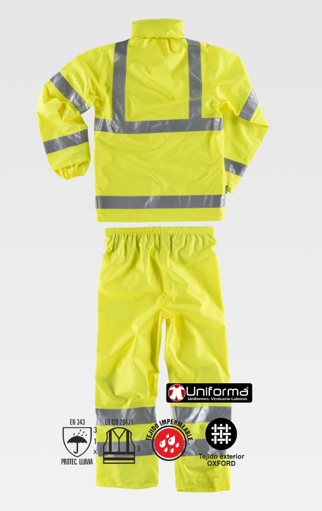 Conjunto traje de agua impermeable de Alta visibilidad  Amarillo en tejido oxford, compuesto de dos piezas, chaqueta con capucha y pantalón, homologado en EN343 y alta visibilidad EN ISO 20471 Clase 3, personalizable con logo de empresa en uniforma- TS2010