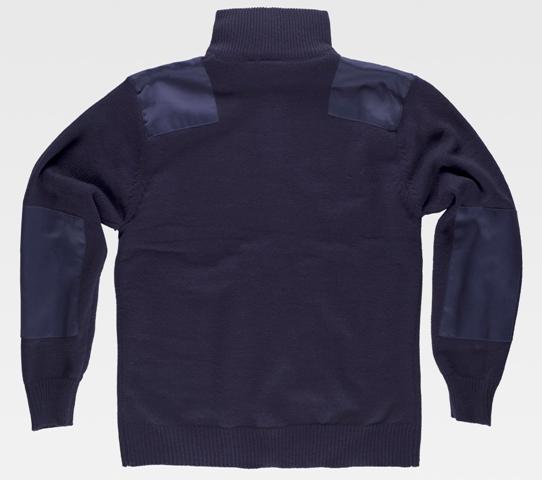 Chaqueta de punto de color azul marino con cierre de cremallera completa, cuello alto, tipo jersey grueso, con tejido de refuerzos en los codos y en los hombros, personalizable con logo de empresa en uniforma - TS4500