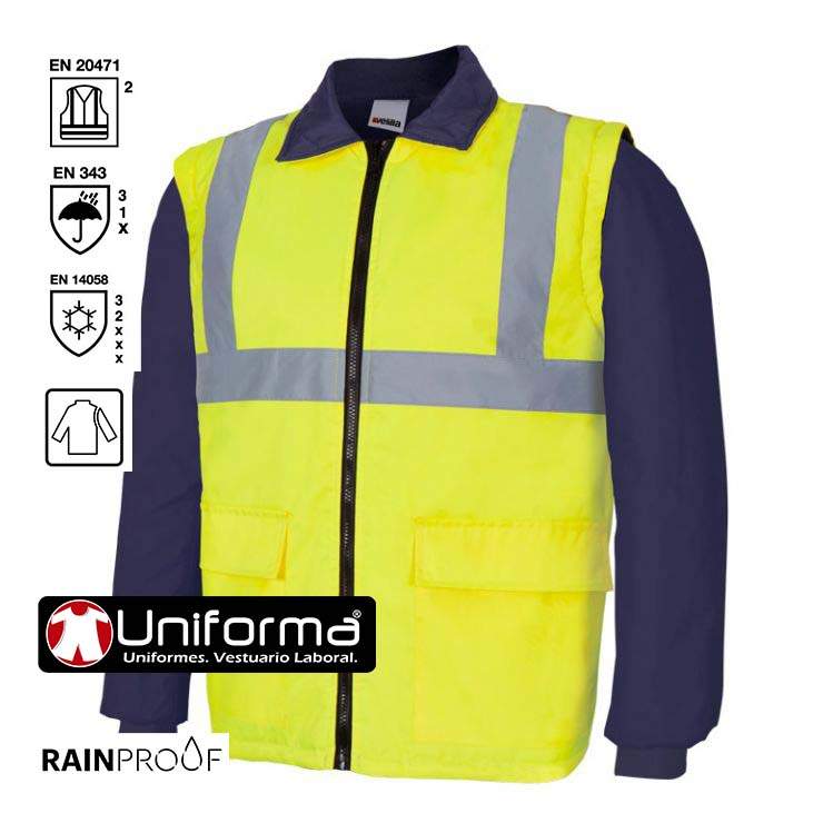 Parka de trabajo reflectante de alta visibilidad desmontable 4 en 1 convertible en chaleco y cazadora, en tejido impermeable, personalizable con logo de empresa en uniforma  - V306003