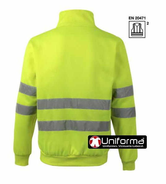 Sudadera de trabajo Amarilla reflectante de Alta Visibilidad en clase 2, de cuello alto y cierre de media cremallera, en tejido técnico de 100% Poliéster resistente e indeformable, personalizable con logo de empresa en uniforma.net - V305702