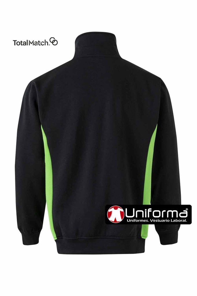 Sudadera de trabajo de diseño Bicolor Negra y Verde con cierre de media cremallera y cuello alto con puños elásticos, en felpa perchada, con tratamiento anti pilling personalizable con logo de empresa en uniforma con serigrafía bordado o impresión digital DTF