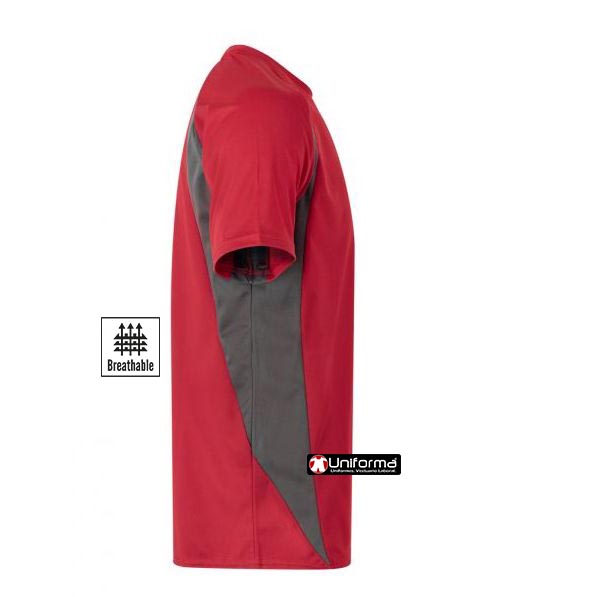 Camiseta rojo y gris Celeste de trabajo en tejido técnico de 100% Poliéster indeformable sin plancha, microperforado Eyebird para mejorar la evacuación del calor, de diseño bicolor, de manga corta, de la gama FlourMatch, personalizable con logo de empresa en uniforma Técnica Bicolor  - V105501