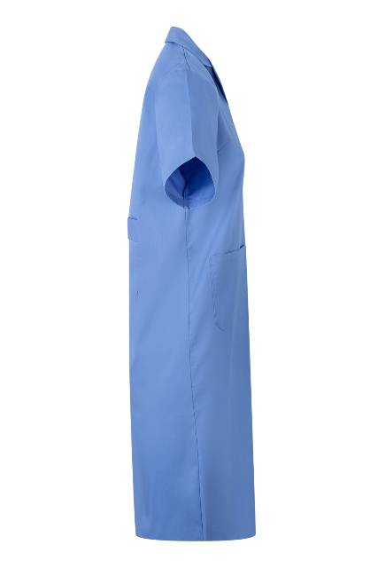 Bata de trabajo de mujer de manga corta con cierre de botones y cinta en la espalda de color azul celeste lateral - V907
