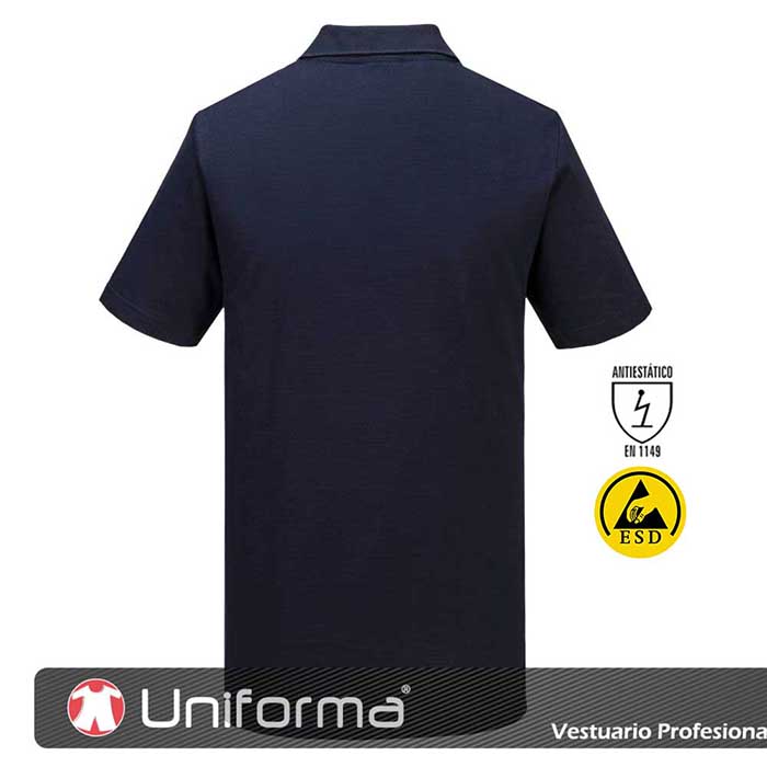 Polo de trabajo Azul marino disipativo de la carga electroestática ESD Antiestático Azul marino con fibra de carbono conductora, de propiedades permanentes, personalizable con logo de empresa en uniforma - PAS21