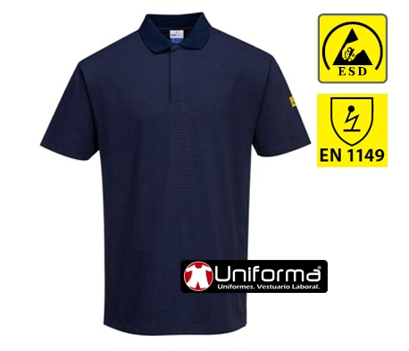 Polo de trabajo Azul marino disipativo de la carga electroestática ESD Antiestático Azul marino con fibra de carbono conductora, de propiedades permanentes, personalizable con logo de empresa en uniforma - PAS21