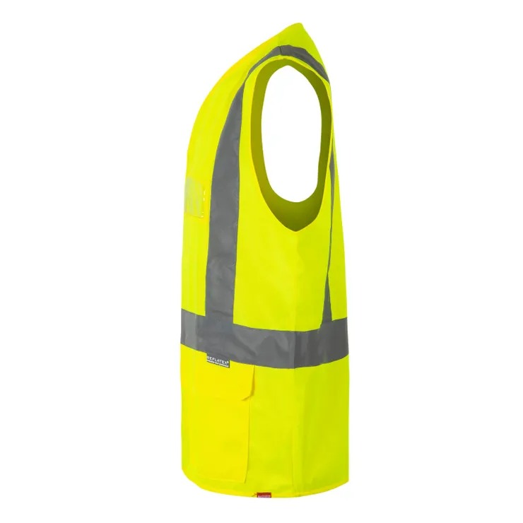 Chaleco de trabajo amarillo fluor con bandas reflectantes homologado para alta visibilidad en EN ISO 20471 clase 2, con porta identificación en el pecho transparente, personalizable con logo de empresa en uniforma.net V305903