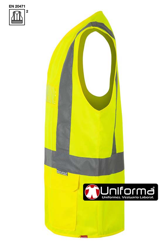 Chaleco de trabajo Amarillo fluor de alta visibilidad Reflectante con cierre de cremallera central, bandas reflectantes verticales y horizontales, homologado en EN ISO 20471 Clase 2,  personalizable logo empresa en uniforma.net  - V305901