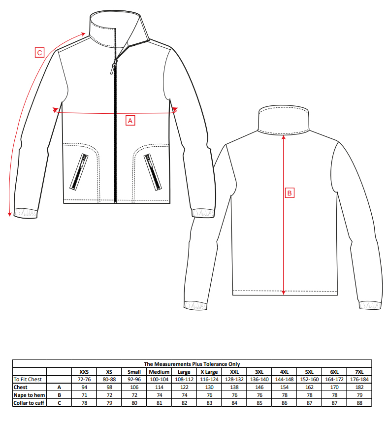 Chaqueta polar grueso en tallas grandes hasta la 8Xl con cierre de cremallera central homologado para frío según EN 14058, tabla de medidas  - PF400