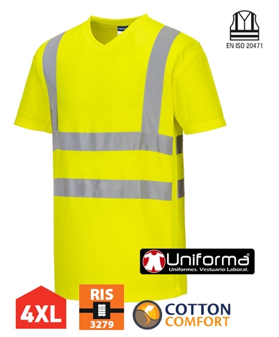 Camiseta Cuello Pico Amarilla Alta Visibilidad reflectante con algodón - PS179