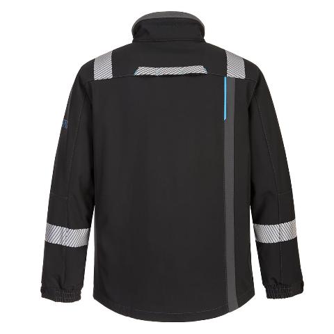 Chaqueta de trabajo tipo Softshell ignífuga Resistente a la llama, de color negro, con bandas reflectantes segmentadas, anti estática, personalizable con logo de empresa en uniforma  - PFR704