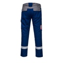 Pantalón de trabajo de color azul royal y gris  ignífugo resistente a la llama, anti estático, disipador de la carga electro estática, con protección frente a arco eléctrico, y resistente a productos químicos, con banda reflectante en las perneras, para atmosferas ATEX, personalizable con logo de empresa en uniforma  - PFR06