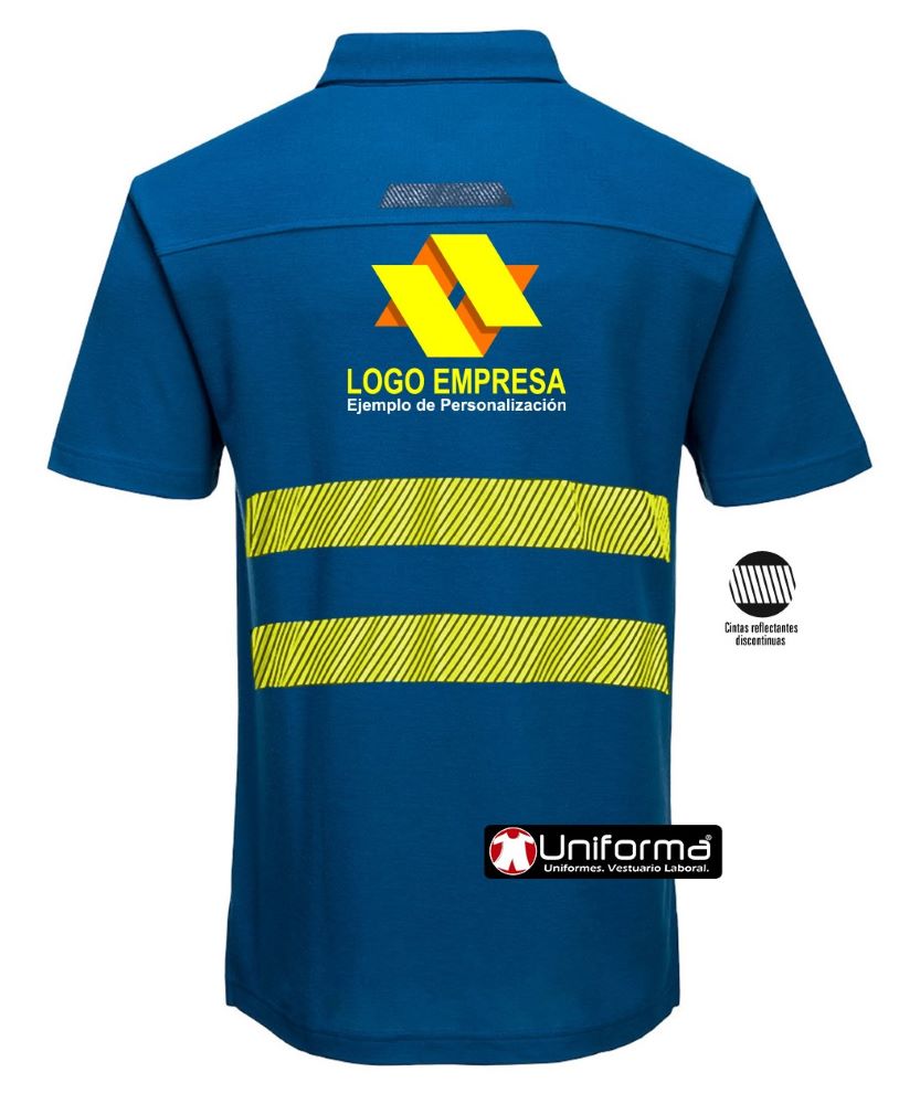 Polo de trabajo azul personalizado con logo de empresa en todo color, con bandas amarillas de alta visibilidad segmentadas discontinuas en uniforma