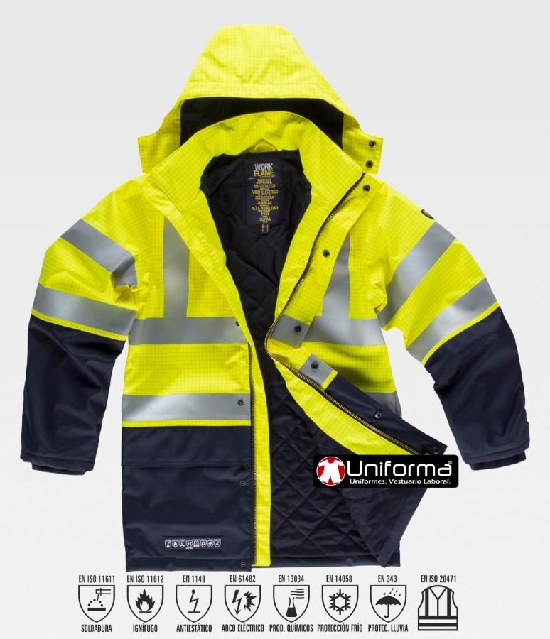 Parka Protección Multinorma Ignífuga antiestática atmosferas atex de alta visibilidad con capucha para frío y lluvia. - TB3795