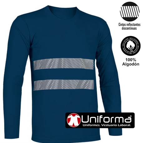 Camiseta de trabajo de manga larga azul marino de algodón 100% con bandas reflectantes y de alta visibilidad del tipo segmentadas personalizables para empresas en uniforma