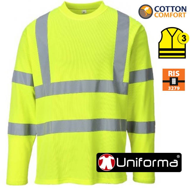 Camiseta de tabajo de Manga Larga reflectante de Alta Visibilidad amarilla fluor Clase 3 en uniforma , personalizable - PS278