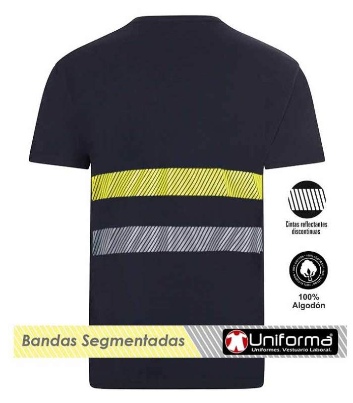 Camiseta Azul marino de 100% Algodón con Bandas y cintas de Alta Visibilidad y bandas reflectantes segmentadas cómodas, ligeras, personalizables con logo de empresa en uniforma  UN103