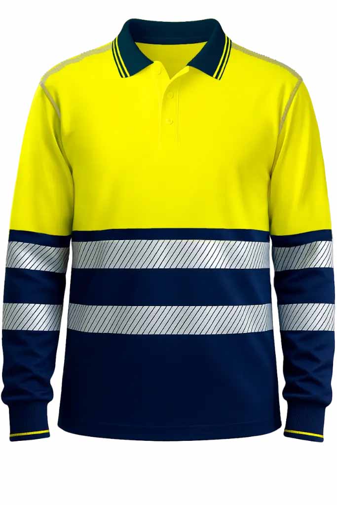 Polo reflectante azul marino de Manga Larga Alta Visibilidad Bandas Segmentadas personalizable con logo de empresa en uniforma - PR1009