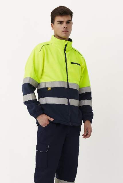 Chaqueta tipo polar con cierre de cremallera completa reflectante de alta visibilidad modelo fit que sienta bien, holgado, de calidad superior, personalizable para empresas en uniforma, de color amarillo y marino, marca monza