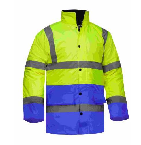 Chaqueta de trabajo tipo parka acolchada reflectante de alta visibilidad contra el frío, con cuello alto, bandas reflectantes, homologada, personalizable en uniforma para empresas, modelo Prima Storm combi en uniforma de color amarillo y azul royal electrico  - PR9010