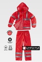Conjunto impermeable de Alta visibilidad de  color Rojo de dos piezas, chaqueta con capucha y pantalón homologado alta visibilidad personalizable para empresas  en uniforma TS2015