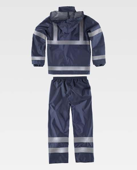 Conjunto impermeable traje de agua de chaqueta y pantalón en oxford impermeable con bandas reflectantes personalizable con logo de empresa en uniforma de color azul marinoclaro  - TS2013