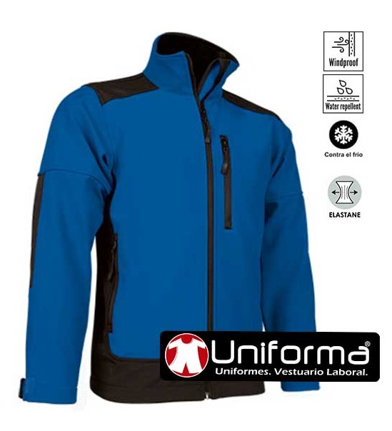 Chaqueta Técnica azul royal tipo softshell Combinada estilo trekking repelente del agua, cortavientos, transpirable personalizable con logo de empresa en uniforma