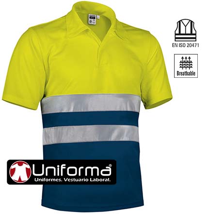 Polo de trabajo Azul marino y amarillo reflectante de Manga Corta Alta Visibilidad tejido técnico transpirable personalizable con logo de empresa en uniforma- VL2260