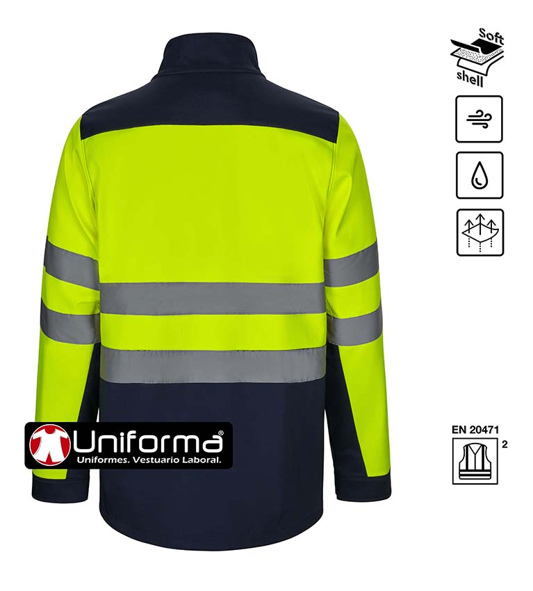 Chaqueta Softshell Bicolor de Alta Visibilidad de triple capa, impermeable, cortavientos, con forro polar, en tejido elástico, personalizable con logo de empresa en uniforma, de color amarillo y azul marino  - V306006