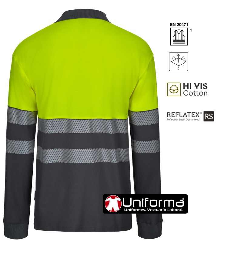 Polo de trabajo Amarillo reflectante y gris  de alta visibilidad modelo Bicolor Manga Larga Bandas reflectantes Segmentada discontinuas, personalizable con logo de empresa en unforma.net V305525