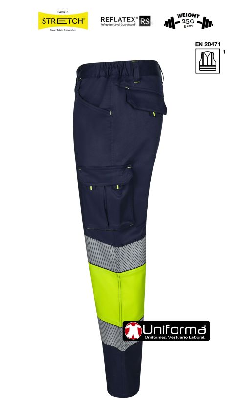 Pantalón de trabajo de Alta Visibilidad clase 1 reflectante en tejido elástico lo que lo hace resistente y duradero, con las bandas reflectantes segmentadas discontinuas y oblicuas para mas superficie reflectante y más seguridad, personalizable con logo de empresa en uniforma.net V303008S3008S