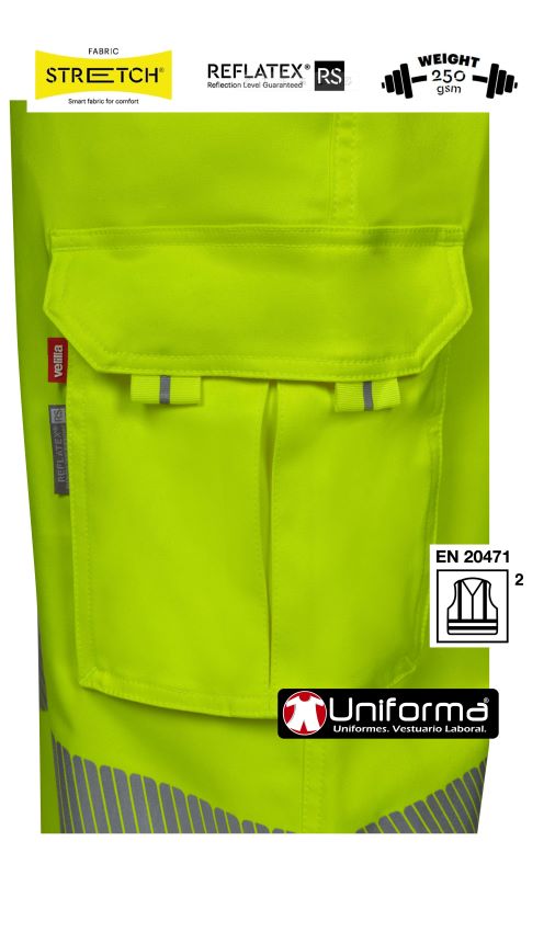 Pantalón de trabajo de Alta Visibilidad de tejido Elástico con Bandas reflectantes Oblicuas para mas superficie reflectante cómodos y resistentes, personalizables con logo de empresa en uniforma.net - V303009S