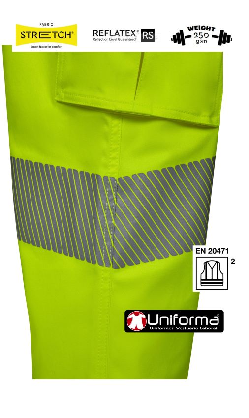 Pantalón de trabajo de Alta Visibilidad de tejido Elástico con Bandas reflectantes Oblicuas para mas superficie reflectante cómodos y resistentes, personalizables con logo de empresa en uniforma.net - V303009S