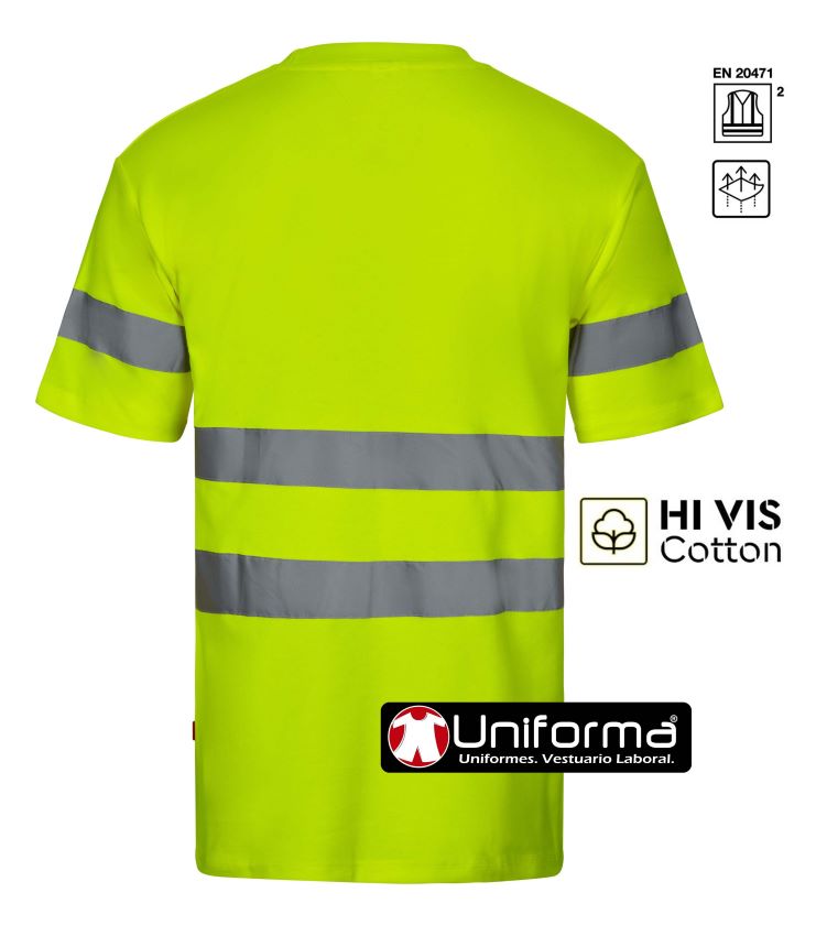 Camiseta de trabajo de Alta Visibilidad amarilla reflectante con tejido His Vis Cotton con Algodón por dentro en contacto con la piel, personalizable con logo de empresa en uniforma - V305612