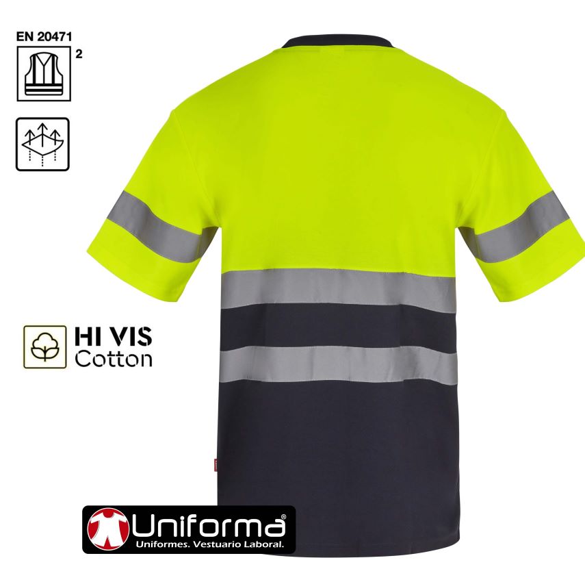 Camiseta de trabajo de manga corta de Alta Visibilidad en clase 1 color marino y amarillo reflectante de diseño Bicolor para reducir la suciedad con tejido HIS VIS Cotton con algodón en la parte interior para más comodidad, personalizable con logo de empresa en uniforma.net - V305613