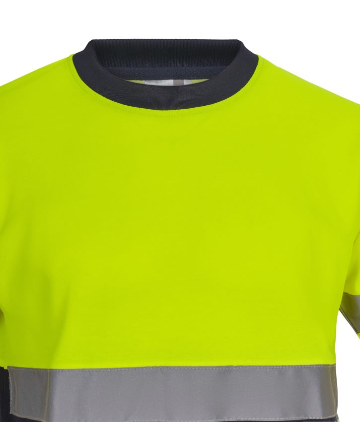 Camiseta de trabajo de manga corta de Alta Visibilidad en clase 1 color marino y amarillo reflectante de diseño Bicolor para reducir la suciedad con tejido HIS VIS Cotton con algodón en la parte interior para más comodidad, personalizable con logo de empresa en uniforma.net - V305613